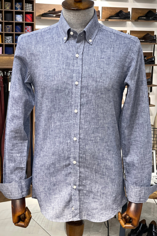 Nazef Dar Kesim Yüksek Kalite Düğme Yaka Pamuk Lacivert Gömlek 