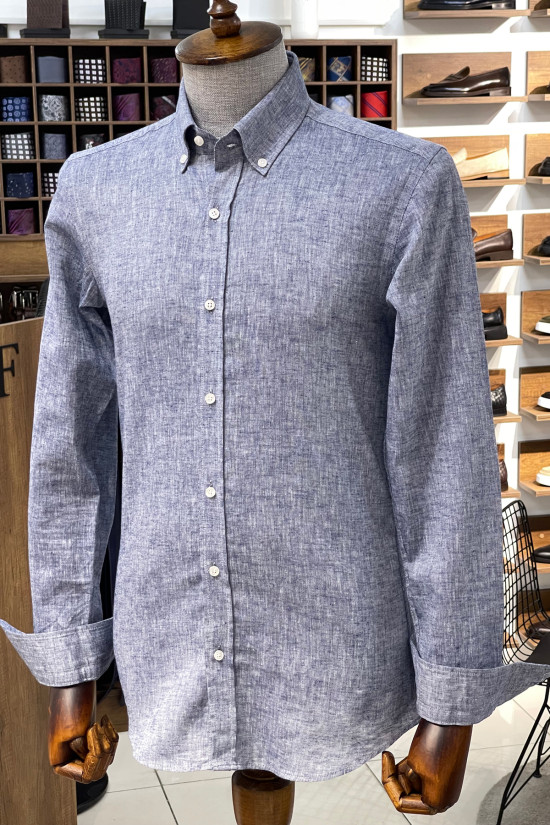 Nazef Dar Kesim Yüksek Kalite Düğme Yaka Pamuk Lacivert Gömlek 