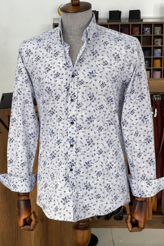 Nazef Dar Kesim Yüksek Kalite Desenli Pamuk Mavi Gömlek