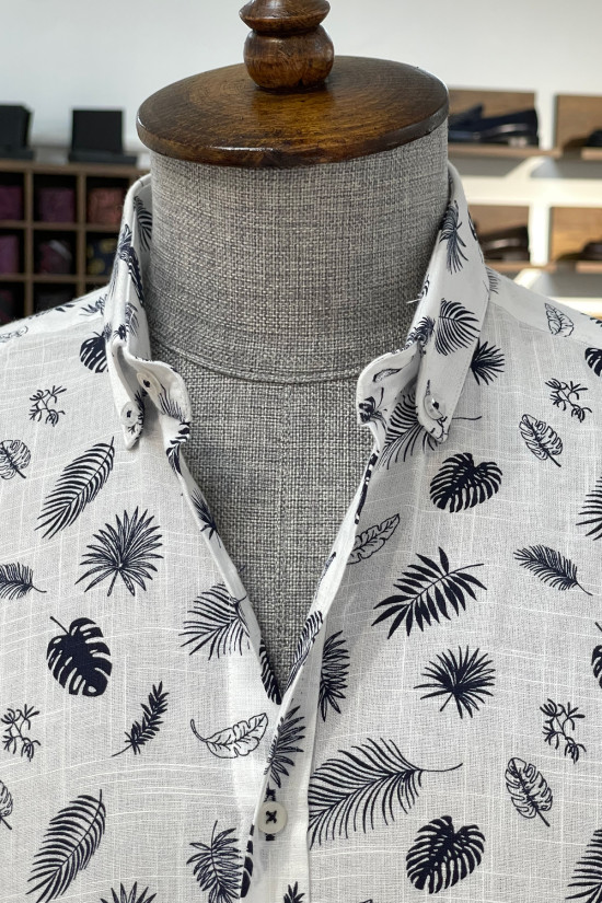 Nazef Dar Kesim Yüksek Kalite Desenli Keten Lacivert Erkek Gömlek