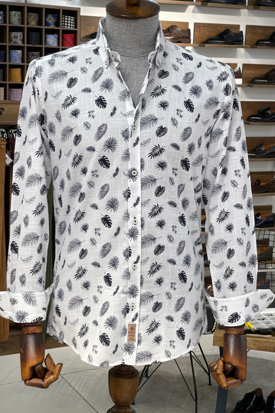 Nazef Dar Kesim Yüksek Kalite Desenli Keten Lacivert Erkek Gömlek