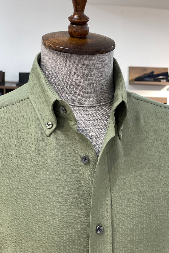 Nazef Regular Fit Button Collar Seersucker Green Cotton Shirt