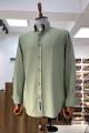 Nazef Regular Fit Button Collar Seersucker Green Cotton Shirt