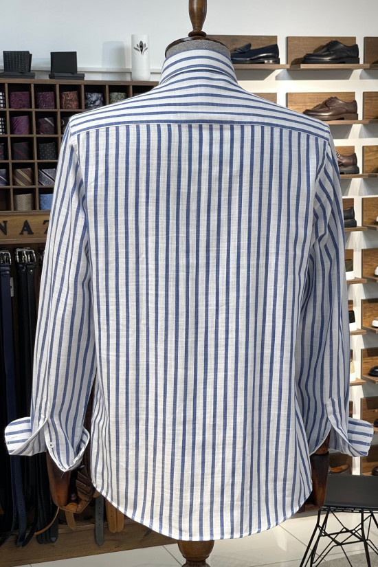 Nazef Regular Fit Keten Görünümlü Çizgili Lacivert Pamuk Gömlek 