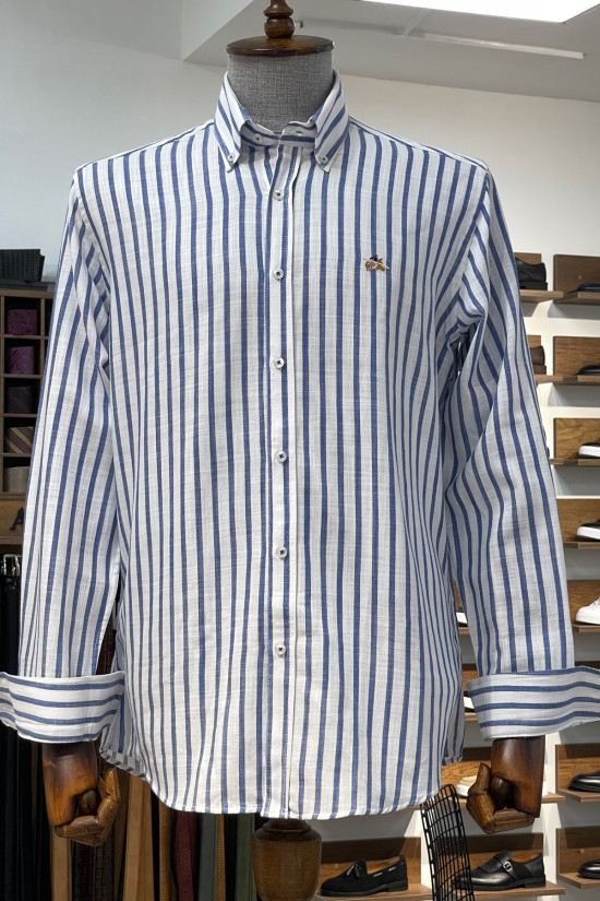 Nazef Regular Fit Keten Görünümlü Çizgili Lacivert Pamuk Gömlek 