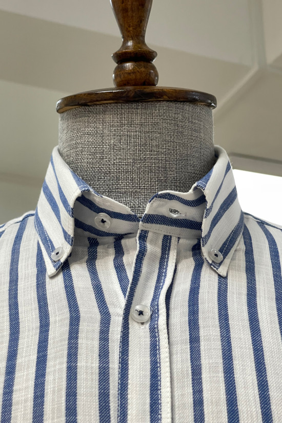 Nazef Regular Fit Keten Görünümlü Çizgili Lacivert Pamuk Gömlek 