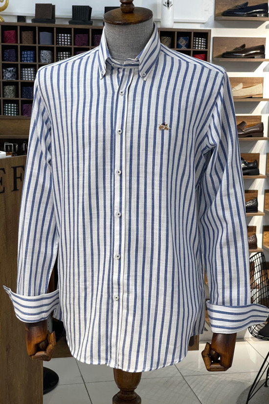 Nazef Regular Fit Keten Görünümlü Çizgili Lacivert Pamuk Gömlek 