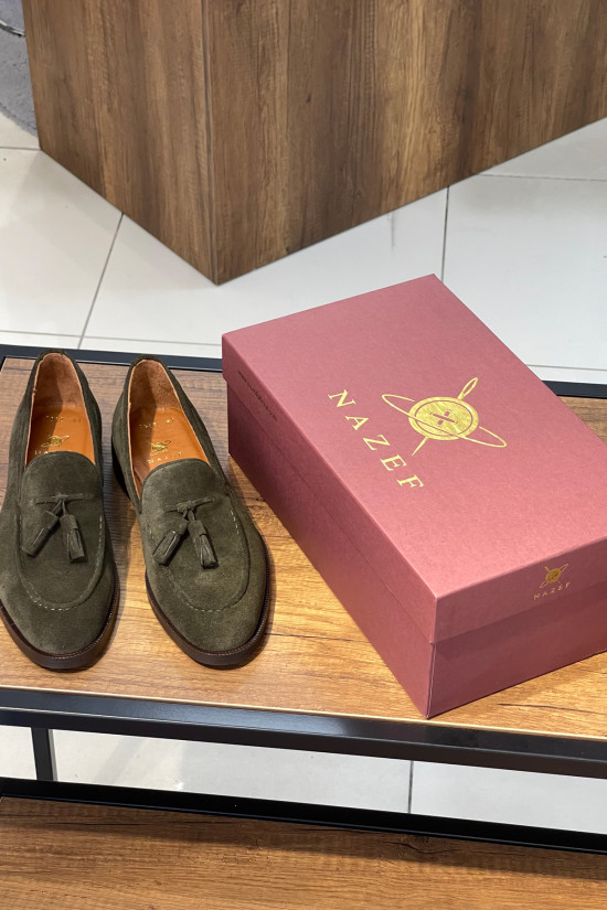 Nazef Özel Tasarım Neolit Taban Dana Astar Püsküllü Süet Deri Haki Loafer Ayakkabı ( Koyu Yeşil )