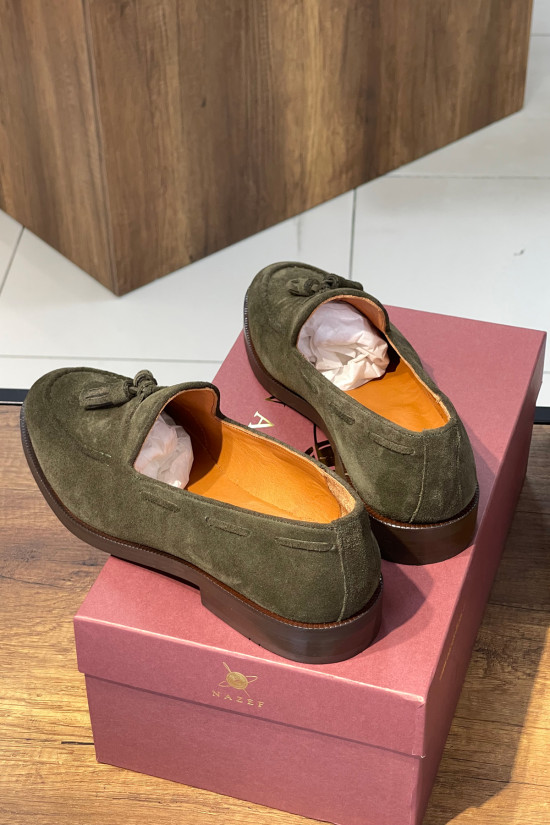 Nazef Özel Tasarım Neolit Taban Dana Astar Püsküllü Süet Deri Haki Loafer Ayakkabı ( Koyu Yeşil )