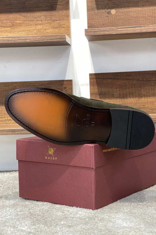 Nazef Özel Tasarım Neolit Taban Dana Astar Püsküllü Süet Deri Haki Loafer Ayakkabı ( Koyu Yeşil )