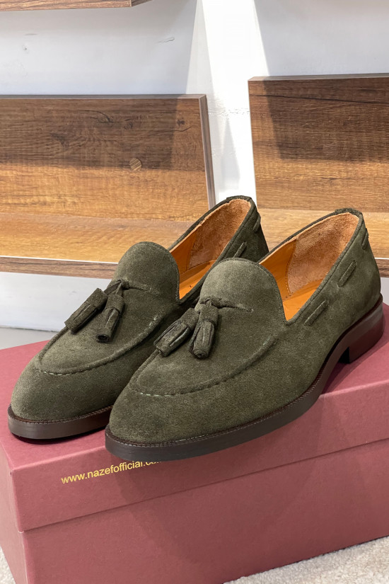 Nazef Özel Tasarım Neolit Taban Dana Astar Püsküllü Süet Deri Haki Loafer Ayakkabı ( Koyu Yeşil )