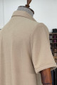 Nazef Dar Kesim Likralı Bej Rengi İtalyan Yaka Kısa Kollu Gömlek
