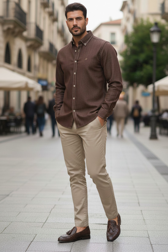 Nazef Modern Kesim Yüksek Kalite Düğme Yaka %100 Pamuk Kahverengi Kot Gömlek ( Premium Serisi )