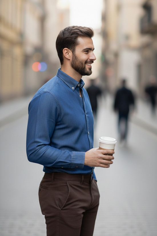 Nazef Modern Kesim Yüksek Kalite Düğme Yaka %100 Pamuk Mavi Kot Gömlek ( Premium Serisi )