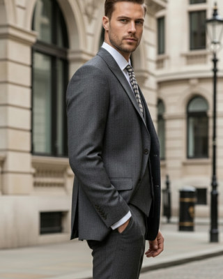 Nazef Dar Kesim Sivri Yaka Çizgili %80 Yün Koyu Gri Yelekli Takım Elbise