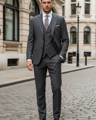 Nazef Dar Kesim Sivri Yaka Çizgili %80 Yün Koyu Gri Yelekli Takım Elbise