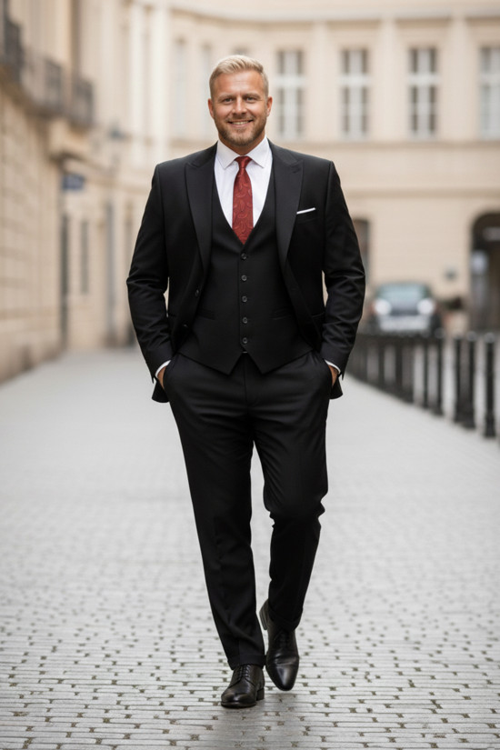 ( BÜYÜK BEDEN ) Nazef Klasik Kesim Özel Üretim Sivri Yaka Yelekli Yün Siyah Takım Elbise