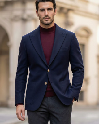 Nazef Dar Kesim Özel Tasarım Gold Düğmeli Torba Cep %80 Yün Lacivert Blazer ( Kaşe Cekettir ) 