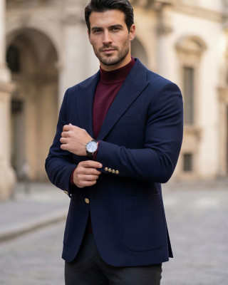 Nazef Dar Kesim Özel Tasarım Gold Düğmeli Torba Cep %80 Yün Lacivert Blazer ( Kaşe Cekettir ) 