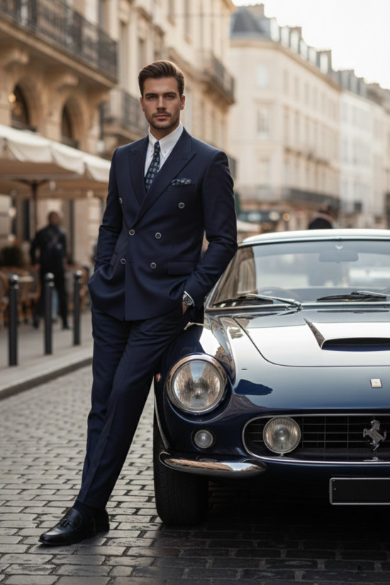 Nazef Dar Kesim Sivri Yaka Çift Yırtmaçlı Yün Karışımlı Kruvaze Lacivert Takım Elbise 