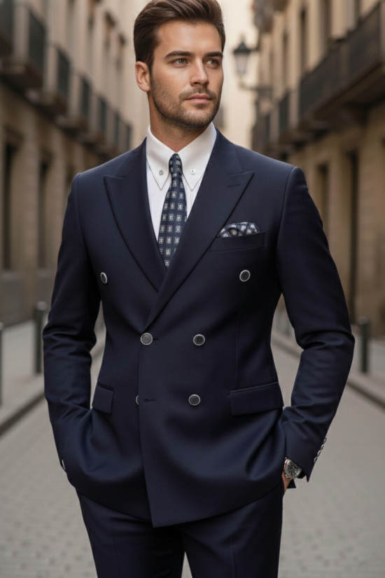 Nazef Dar Kesim Sivri Yaka Çift Yırtmaçlı Yün Karışımlı Kruvaze Lacivert Takım Elbise 