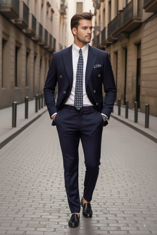 Nazef Dar Kesim Sivri Yaka Çift Yırtmaçlı Yün Karışımlı Kruvaze Lacivert Takım Elbise 