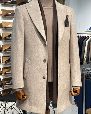 Nazef Dar Kesim Kırlangıç Yaka %70 Yün Vizon Renk Kaşmir Kaban 