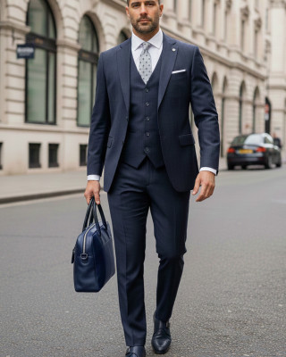 Nazef Dar Kesim Mono Yaka Çizgili %80 Yün Lacivert Yelekli Takım Elbise