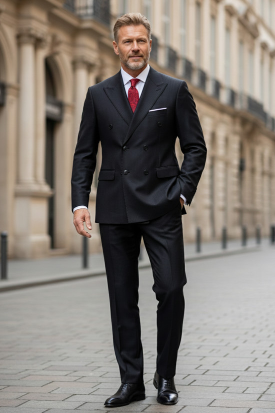 Nazef Dar Kesim Sivri Yaka Çift Yırtmaçlı Çizgili Yün Karışımlı Kruvaze Siyah Takım Elbise 