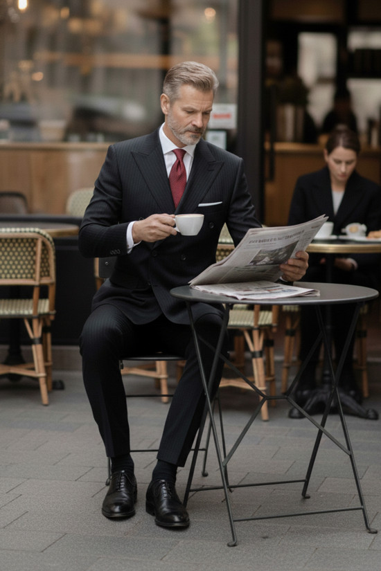 Nazef Dar Kesim Sivri Yaka Çift Yırtmaçlı Çizgili Yün Karışımlı Kruvaze Siyah Takım Elbise 