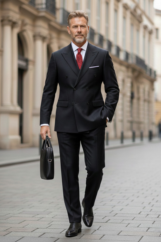 Nazef Dar Kesim Sivri Yaka Çift Yırtmaçlı Çizgili Yün Karışımlı Kruvaze Siyah Takım Elbise 