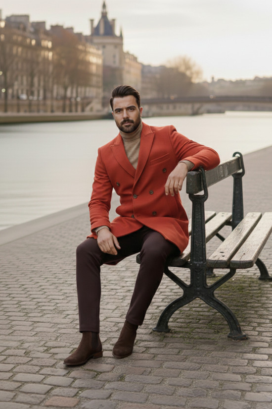 Nazef Dar Kesim Kırlangıç Yaka %80 Yün Kiremit Renk Kruvaze Kaban