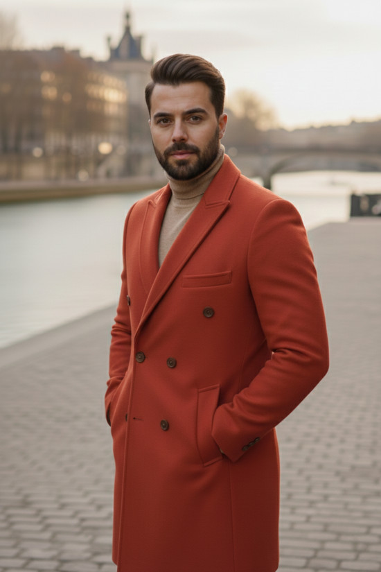 Nazef Dar Kesim Kırlangıç Yaka %80 Yün Kiremit Renk Kruvaze Kaban