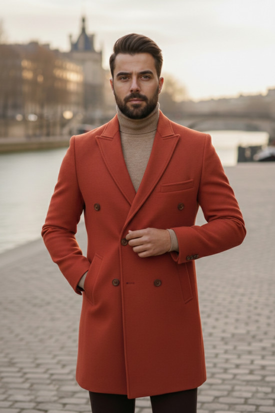 Nazef Dar Kesim Kırlangıç Yaka %80 Yün Kiremit Renk Kruvaze Kaban