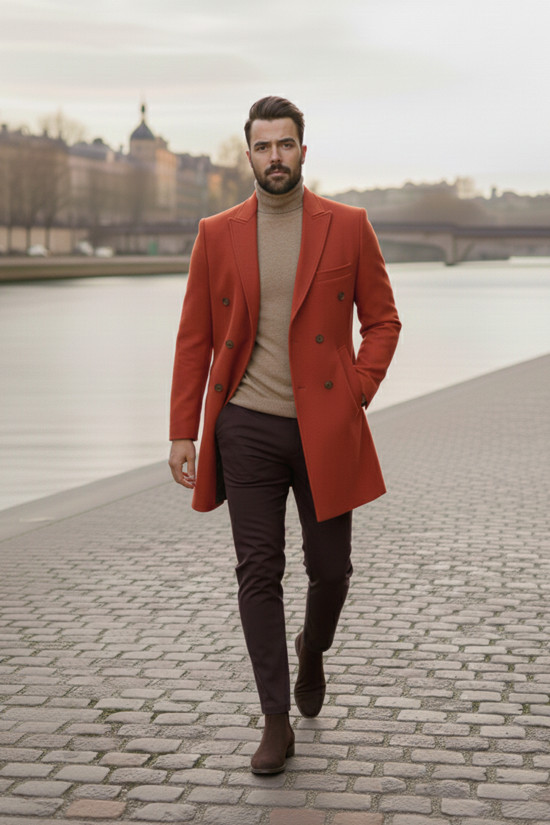 Nazef Dar Kesim Kırlangıç Yaka %80 Yün Kiremit Renk Kruvaze Kaban