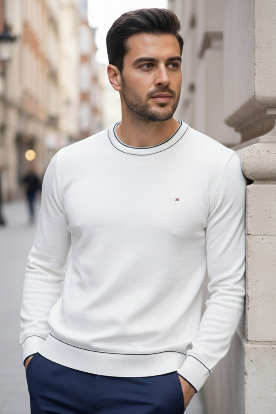 Nazef Dar Kesim Bisiklet Yaka Biye Desenli %30 Pamuk Beyaz Kazak