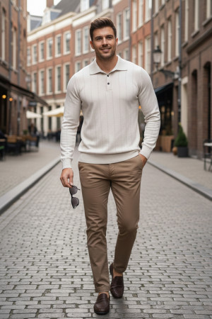 Nazef Dar Kesim Polo Yaka Düğmeli %30 Pamuk Bej Kazak ( Old Money Stil ) 