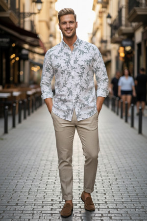 Nazef Dar Kesim Yüksek Kalite Desenli Pamuk Beyaz Gömlek