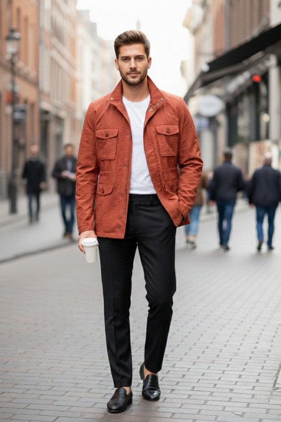 Nazef Dar Kesim Belden Ayarlanabilir Çift Cepli Kiremit İnce Yazlık Ceket Mont