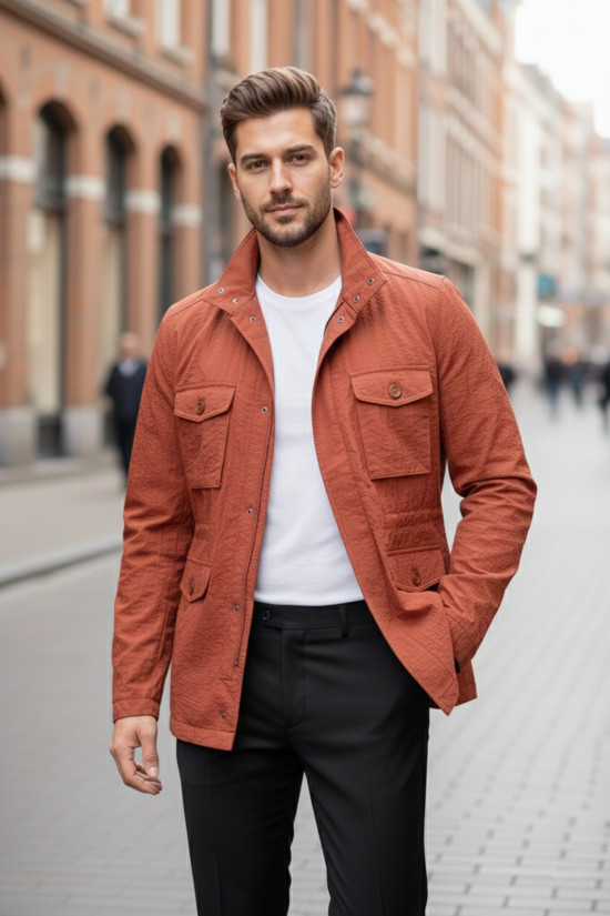 Nazef Dar Kesim Belden Ayarlanabilir Çift Cepli Kiremit İnce Yazlık Ceket Mont