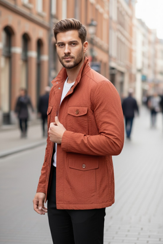 Nazef Dar Kesim Belden Ayarlanabilir Çift Cepli Kiremit İnce Yazlık Ceket Mont