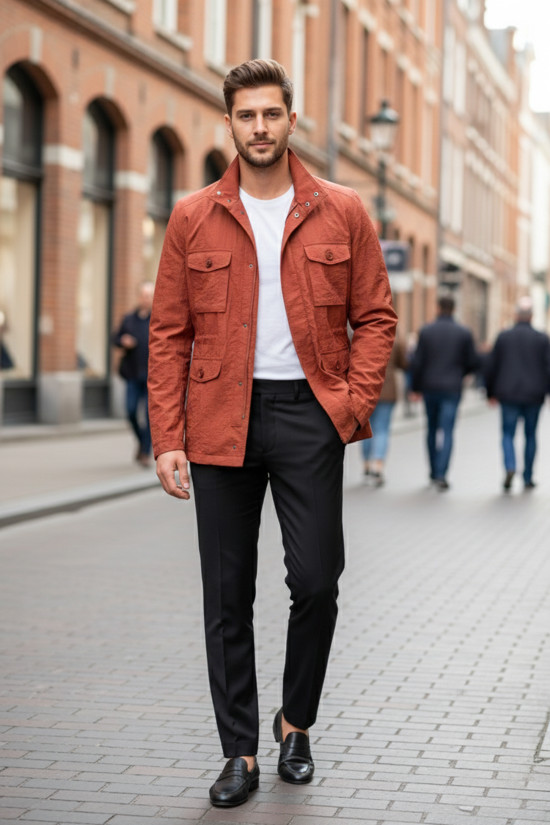 Nazef Dar Kesim Belden Ayarlanabilir Çift Cepli Kiremit İnce Yazlık Ceket Mont