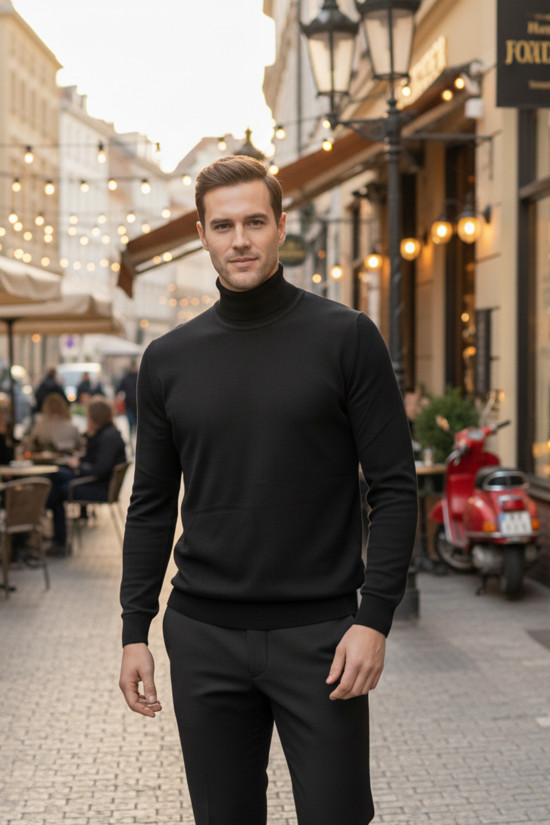 Nazef Dar Kesim Yumuşak Dokulu %50 Pamuk Siyah Boğazlı Kazak