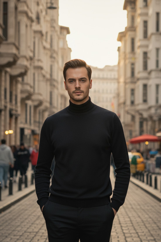 Nazef Dar Kesim Yumuşak Dokulu %50 Pamuk Siyah Boğazlı Kazak