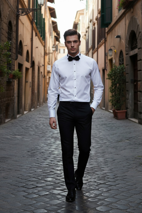 Nazef Dar Kesim Özel Üretim Ata Yaka Beyaz Pamuk Gömlek  ( Damatlık Gömleği )