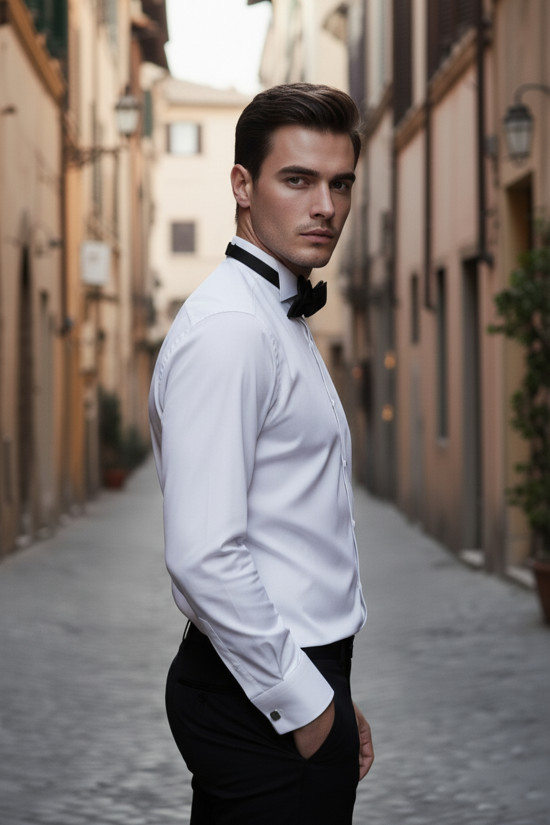 Nazef Dar Kesim Özel Üretim Ata Yaka Beyaz Pamuk Gömlek  ( Damatlık Gömleği )