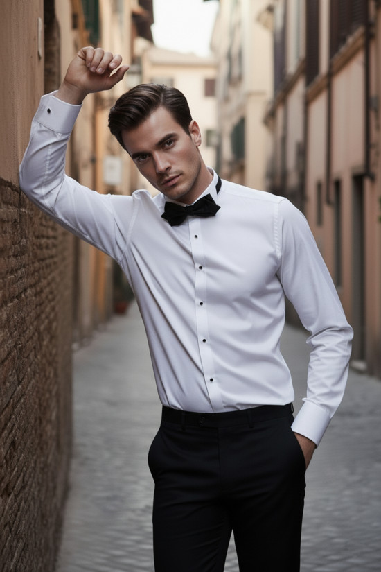 Nazef Dar Kesim Özel Üretim Ata Yaka Beyaz Pamuk Gömlek  ( Damatlık Gömleği )