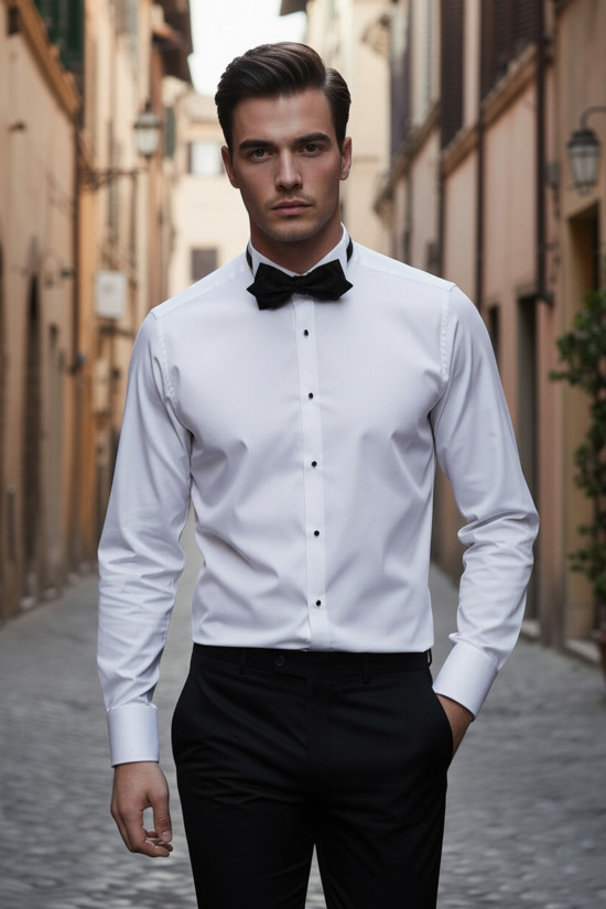 Nazef Dar Kesim Özel Üretim Ata Yaka Beyaz Pamuk Gömlek  ( Damatlık Gömleği )