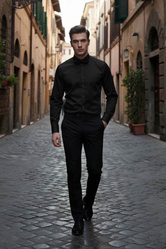 Nazef Dar Kesim Özel Üretim Ata Yaka Siyah Pamuk Gömlek  ( Damatlık Gömleği )