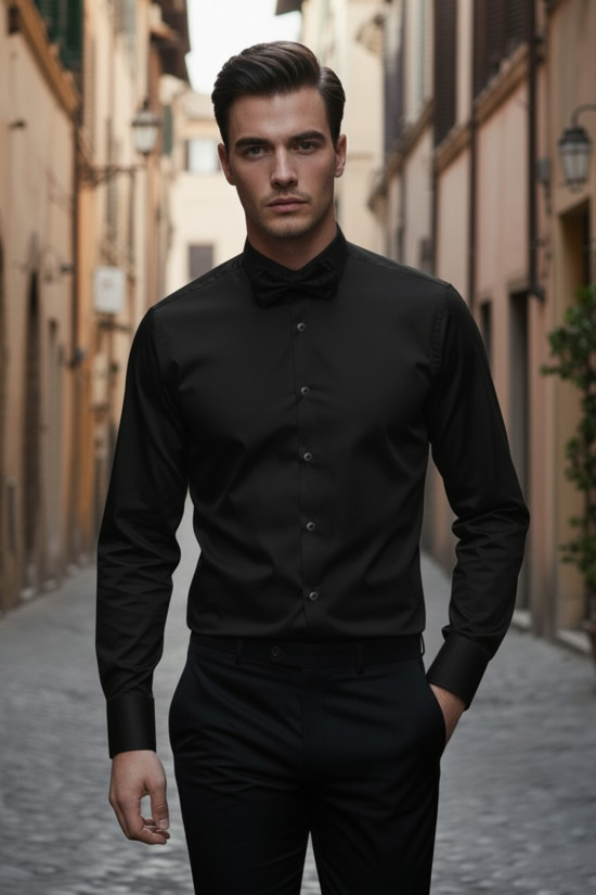 Nazef Dar Kesim Özel Üretim Ata Yaka Siyah Pamuk Gömlek  ( Damatlık Gömleği )